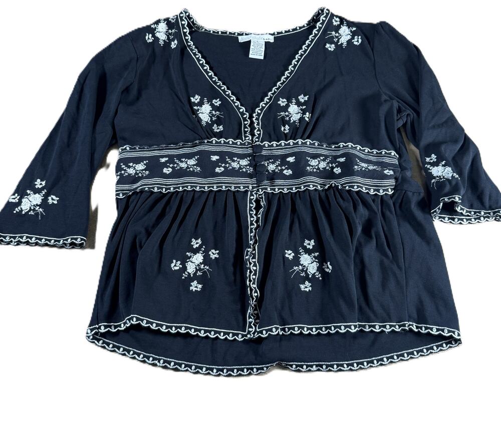 Essentials by ABS Cardigan Womens L Navy White Embroidered Cotton Boho Peplum